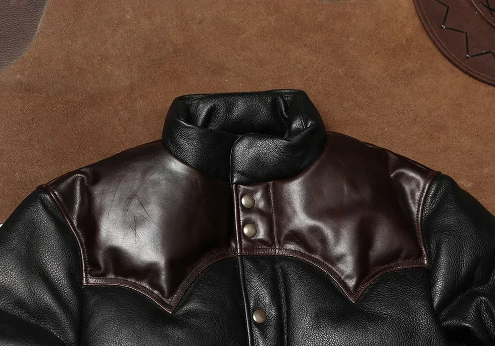 Top Layer Cowhide and Duck Down Warm Jacket for Men's Retro Leather Jacket, Winter Super Thick Genuine Leather Down Bread Jacket