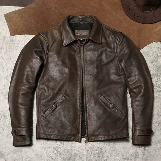 1940 American Retro Leather Jacket Turtle Crack Uncoated Cowhide Coat Autumn and Winter Men's Lapel Leather Leather Coat