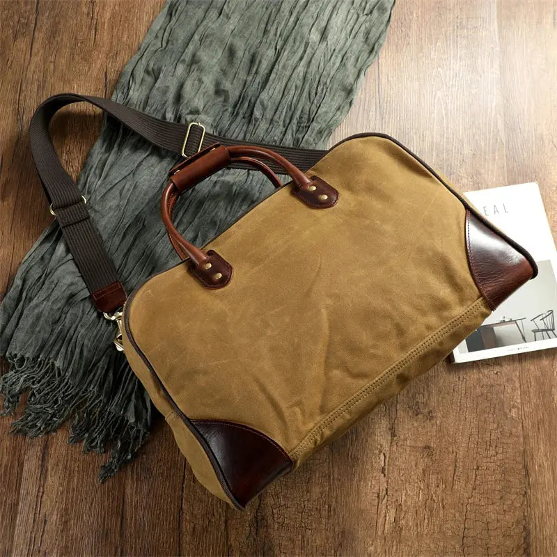 Tailor Brando Waxed Canvas & Waxed Leather Travel Bag Large Capacity 48x32x20cm Splash-Resistant Men's Vintage Tote/Shoulder Bag Tailor Brando