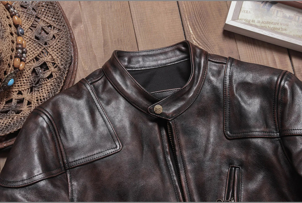 Tailor Brando Batik Vegetable Tanned Tea Core Horsehide Men's Venom Classic Genuine Leather Biker Jacet Tailor Brando