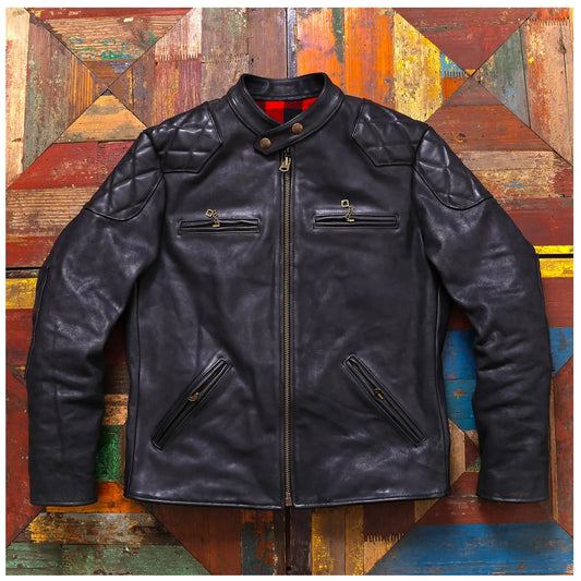 Tailor Brando Uncoated Brushed Wash Cowhide Men's Stand Collar Genuine Leather Biker Jacket Tailor Brando