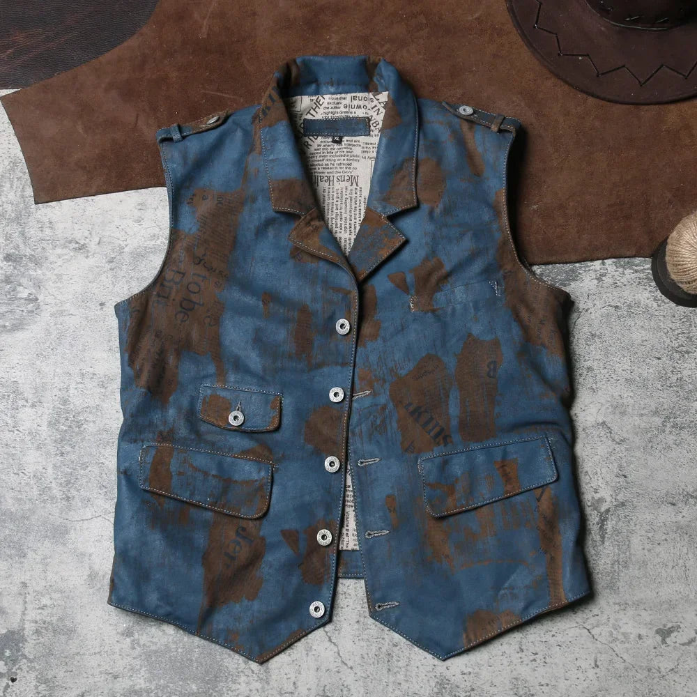 Newspaper Printed Genuine Leather Vest, Retro Vintage Work Clothes, Leather Vest, Men's British Slim Fit, Polished Cowhide