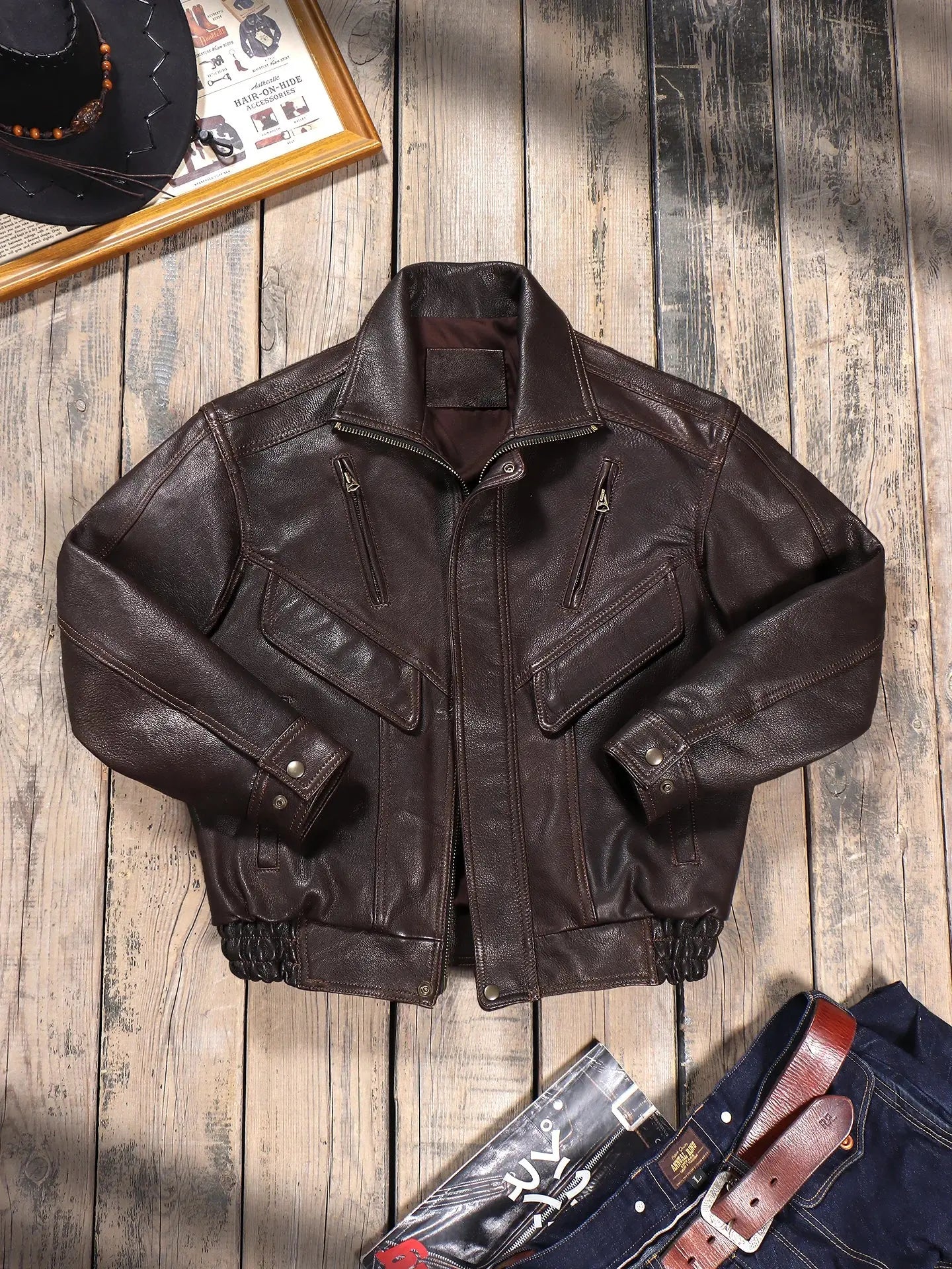 Tailor Brando Uncoated Water-dyed Goatskin 90S Retro Men's Genuine Leather Loose Jacket Tailor Brando
