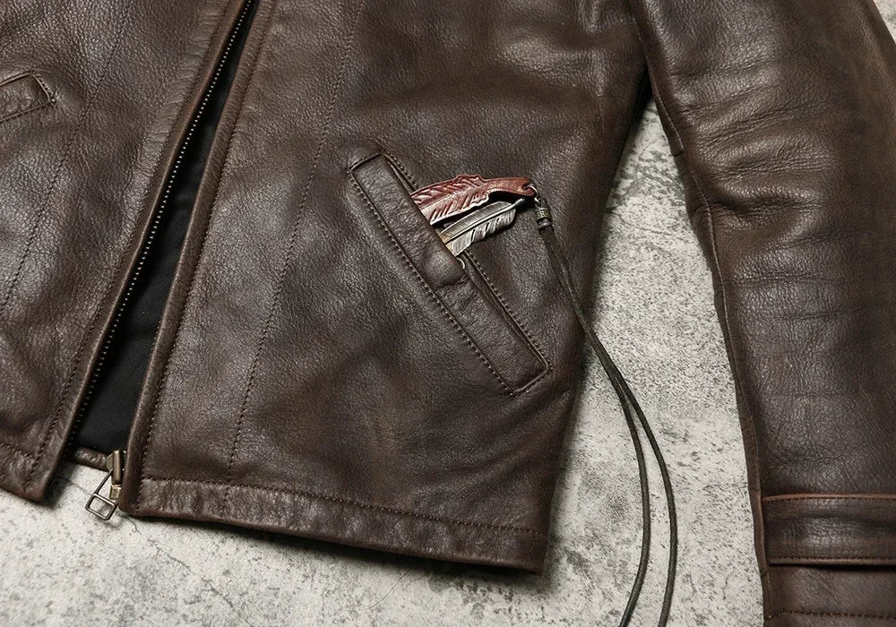 1940 American Retro Leather Jacket Turtle Crack Uncoated Cowhide Coat Autumn and Winter Men's Lapel Leather Leather Coat