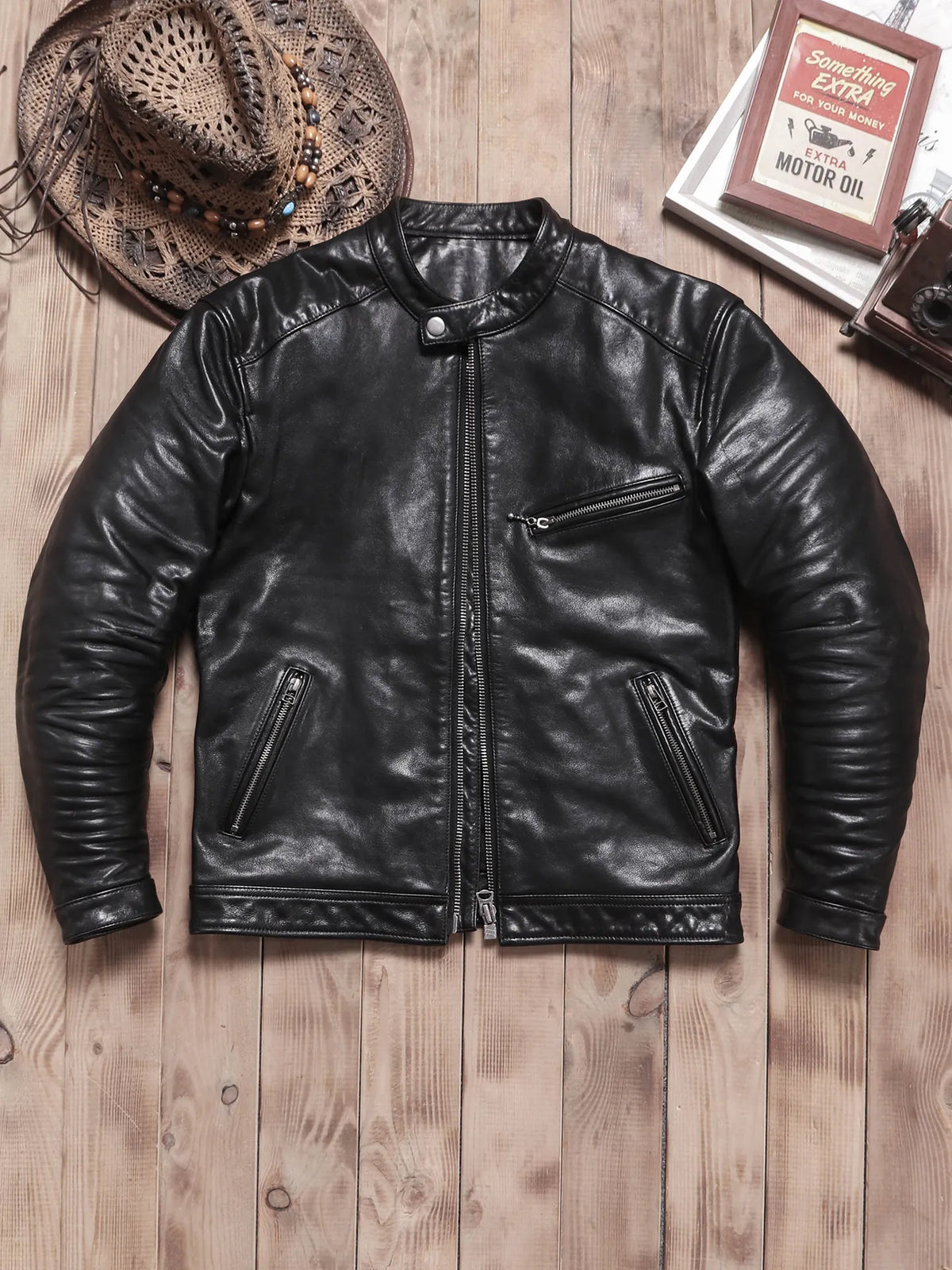 Tailor Brando Vegetable Tanned Teacore Cowhide Retro Distressed Men's Genuine Leather Biker Jacket Tailor Brando