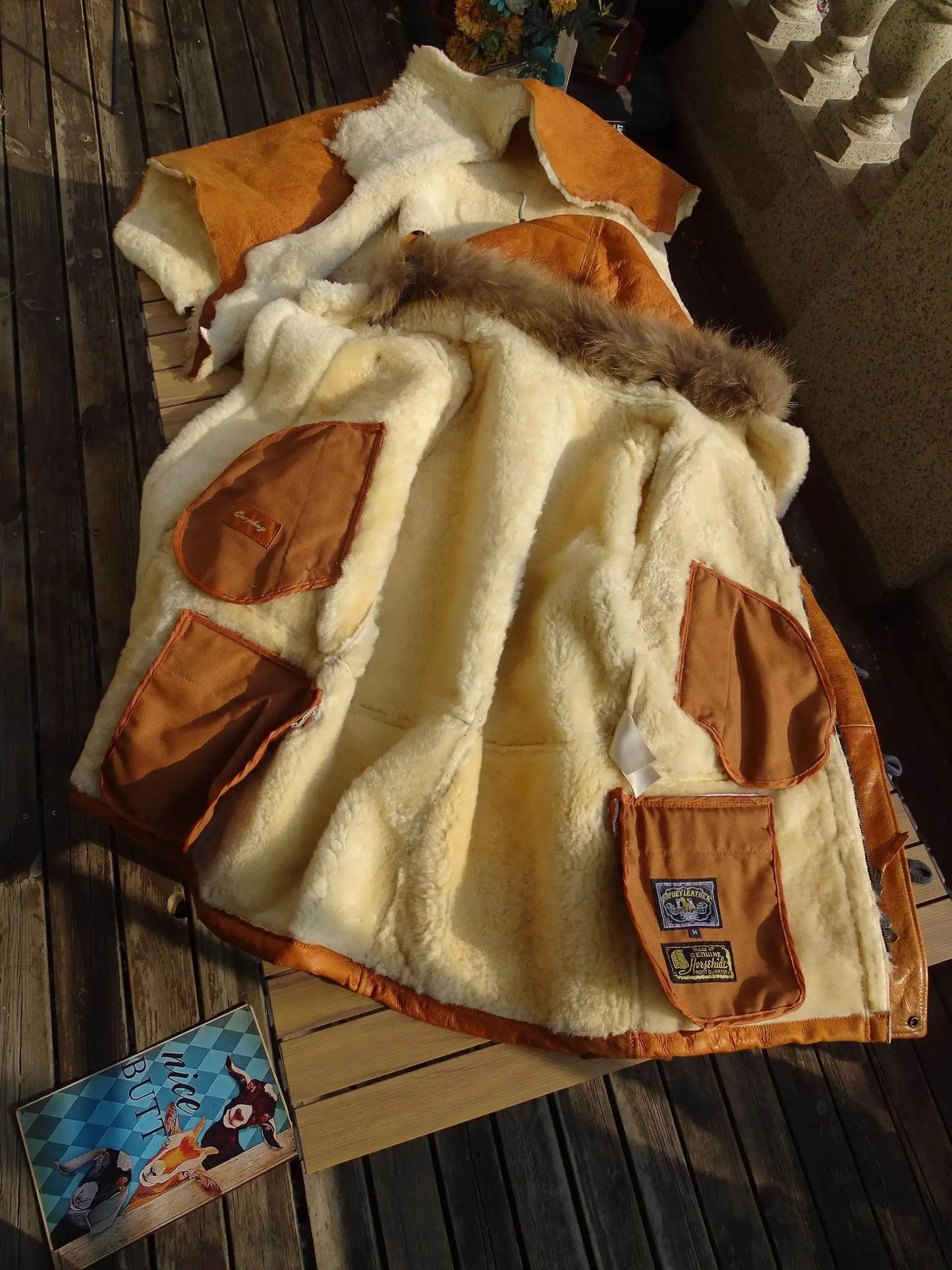 Tailor Brando Authentic Raw Sheepskin & Real Raccoon Fur Collar Men's Mid-Length Winter Warmth Fur Jacket Tailor Brando