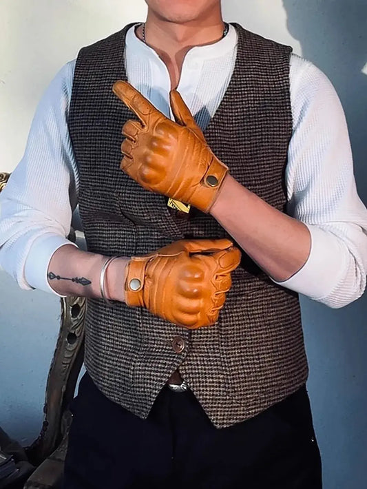 Tailor Brando Full-Grain Oil-Waxed Cowhide Vintage Motorcycle Gloves Unisex Autumn/Winter Warm Riding Gloves Tailor Brando