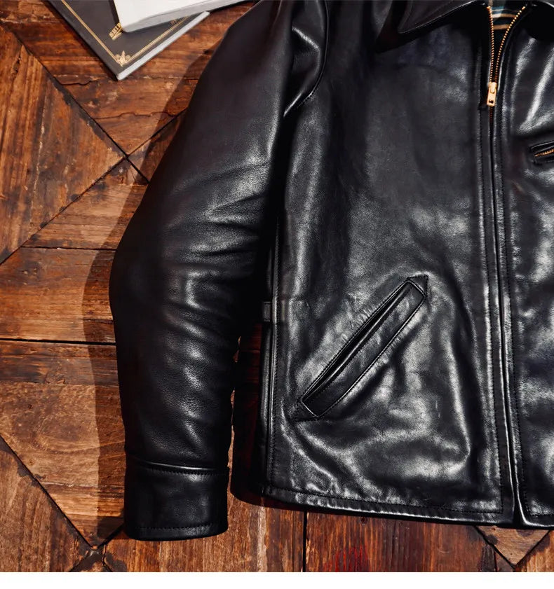 Tailor Brando Full Frain Vegetable Tanned Men's Short Genuine Leather Biker Jacket Tailor Brando