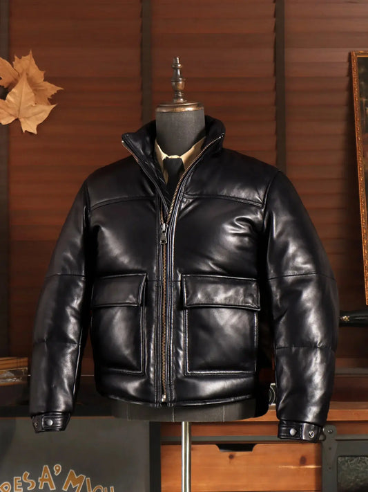 Tailor Brando Vegetable Tanned Sheepskin Vintage Men's Winter Warm Short Genuine Leather Down Jacket Tailor Brando