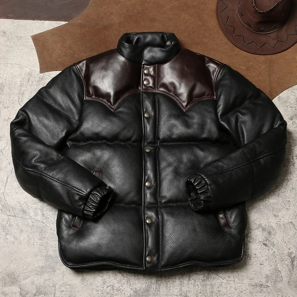 Top Layer Cowhide and Duck Down Warm Jacket for Men's Retro Leather Jacket, Winter Super Thick Genuine Leather Down Bread Jacket