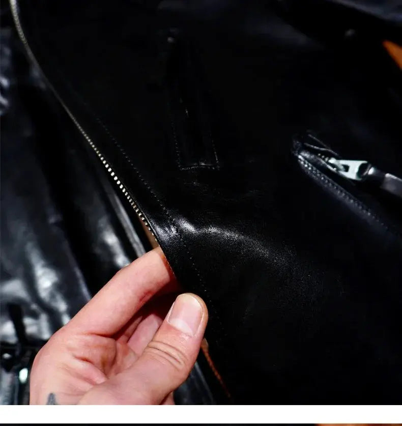 Tailor Brando Heavyweight 1.5MM Full Grain Batik Horsehide Classic Venom Men's Standing Collar Genuine Leather Biker Jacket Tailor Brando