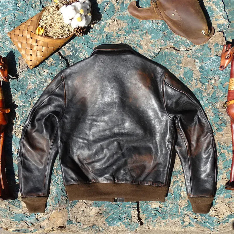 Tailor Brando  Full Grain Vegetable Tanned Tea Core Horsehide Escape A2 Handaged Men's Genuine Leather Aviator Jacket Tailor Brando