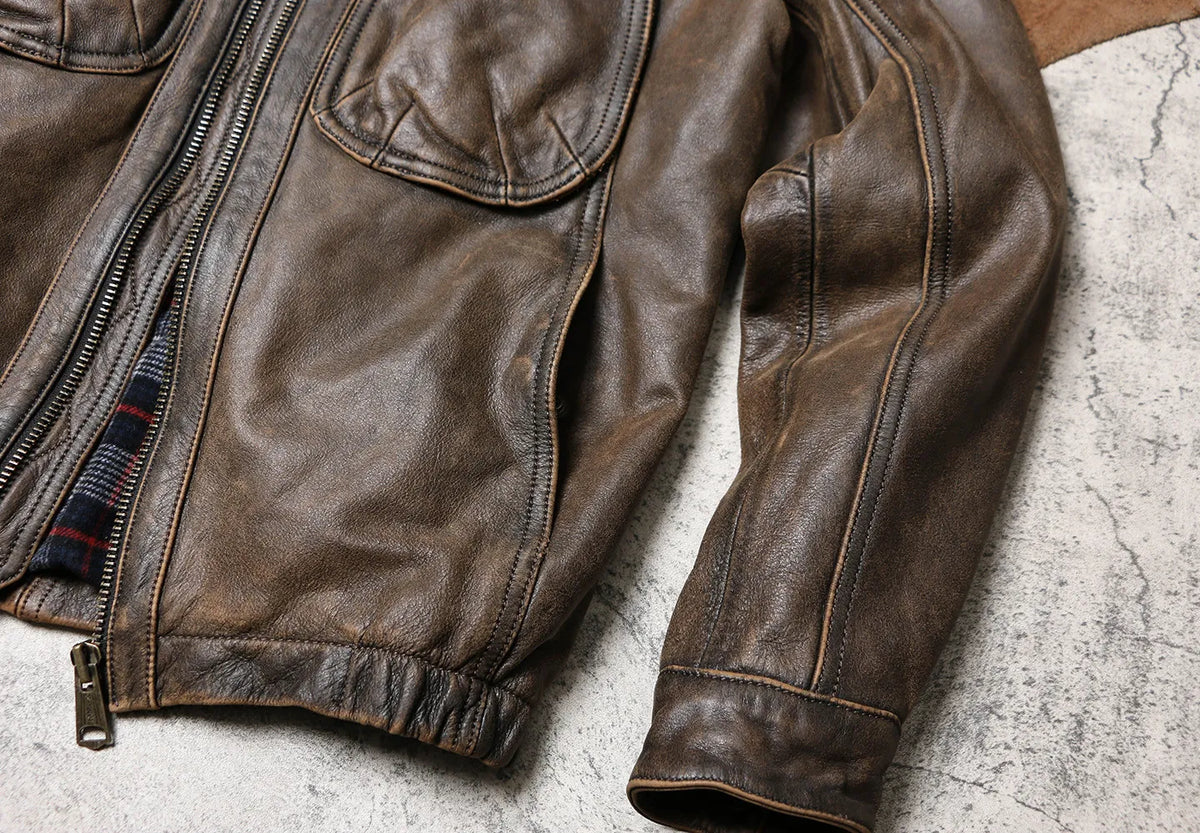 Tailor Brando Washed Distressed Cowhide Men's Relaxed Fit Cropped Genuine Leather Jacket Tailor Brando