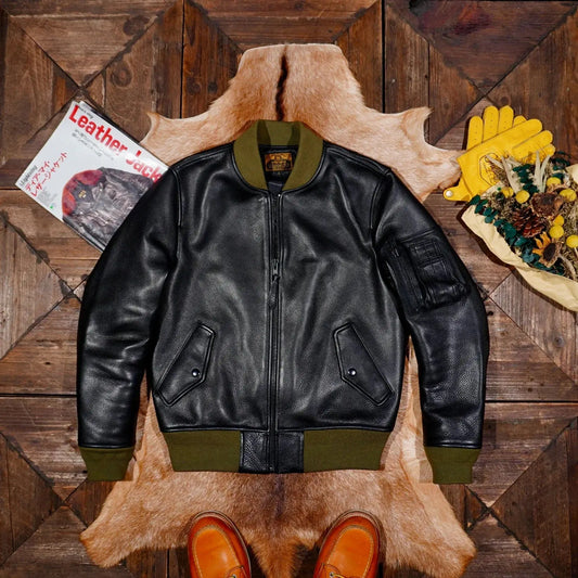 Tailor Brando Full Vegetable Tanned Cowhide MA1 Pilot Jacket American Vintage Short Classic Genuine Leather Jacket Tailor Brando