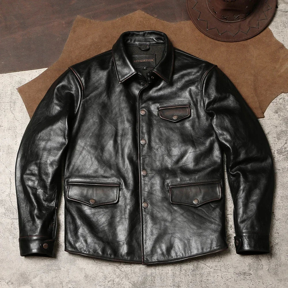 Tailor Brando American Vintage Switchman Men's Lapel Handaged Tea Core Cowhide Genuine Leather Work Jacket
