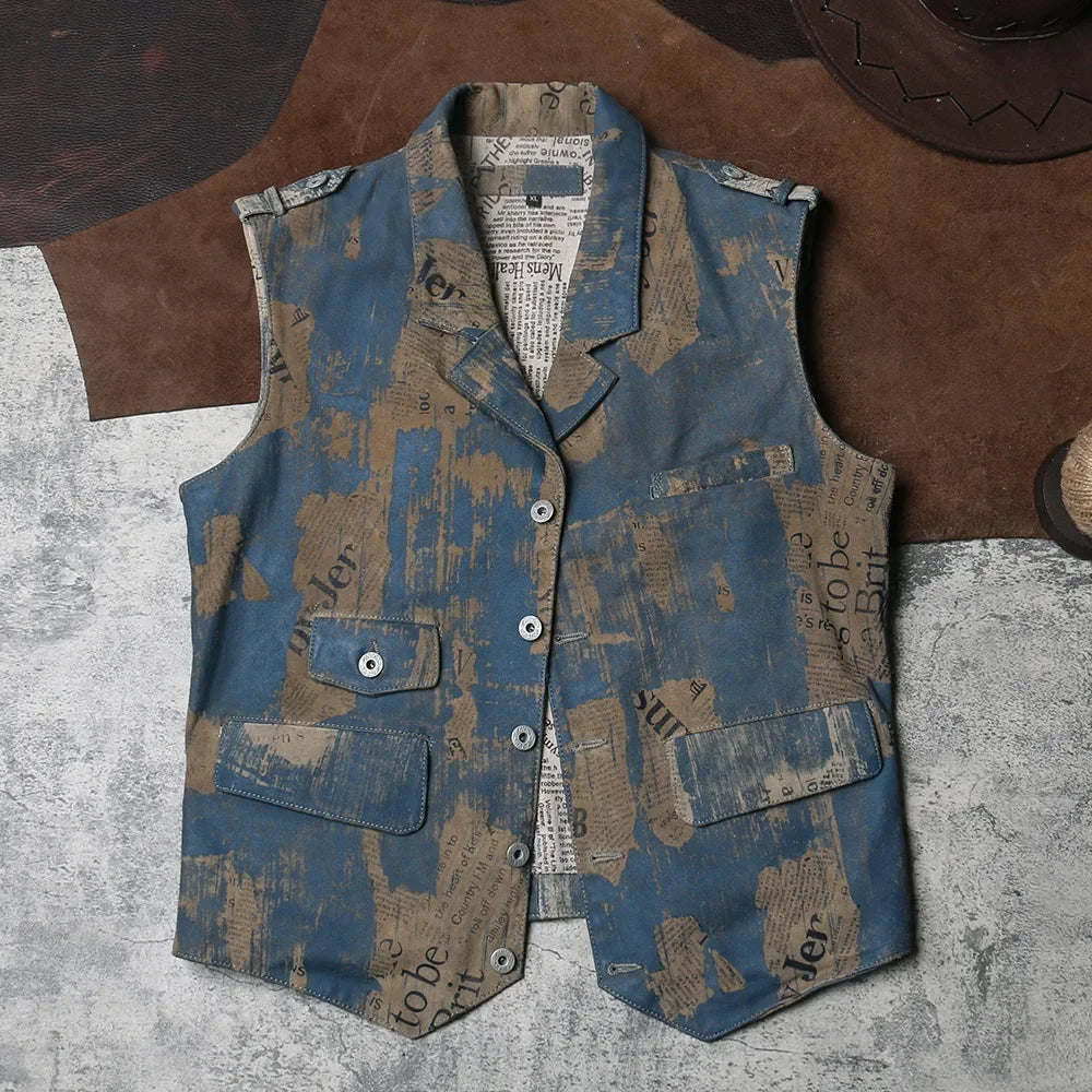 Newspaper Printed Genuine Leather Vest, Retro Vintage Work Clothes, Leather Vest, Men's British Slim Fit, Polished Cowhide