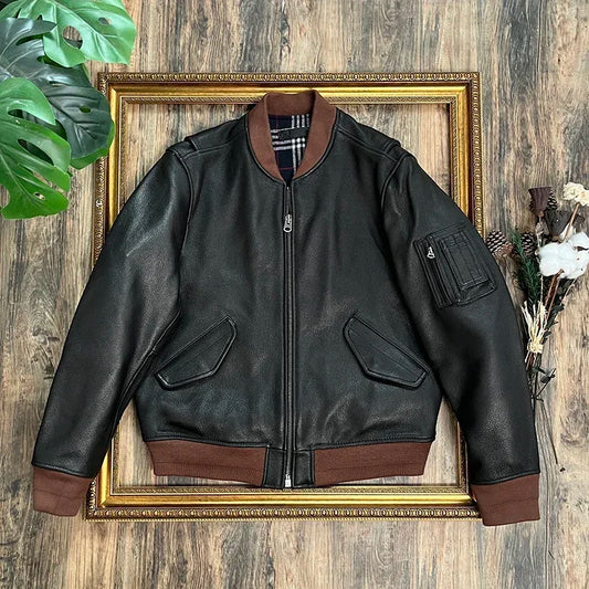 Tailor Brando 1.4mm Goatskin American Retro MA-1 Stand-up Collar Baseball Jacket Genuine Leather Jacket