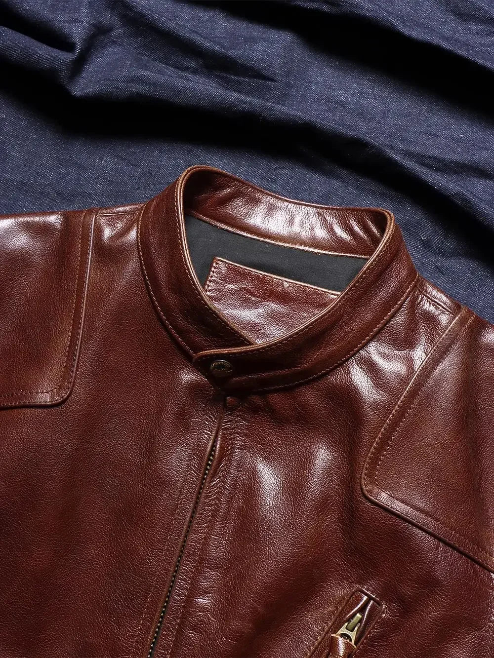 Tailor Brando Vegetable Tanned Goatskin Venom Style Stand Collar American Vintage Genuine Leather Men's Motorcycle Jacket