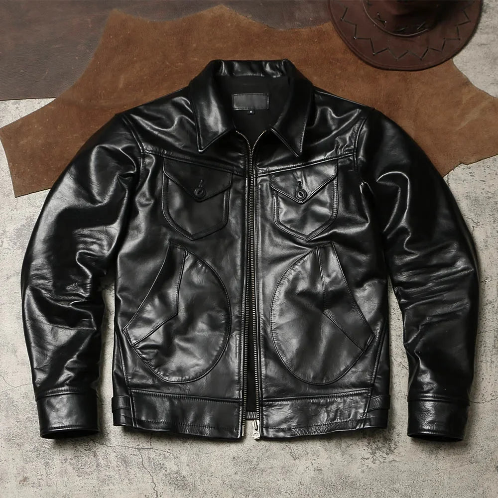 Tailro Brando Batik Cowhide Mendoza Men's Retro Genuine Leather Vintage Short Biker Jacket