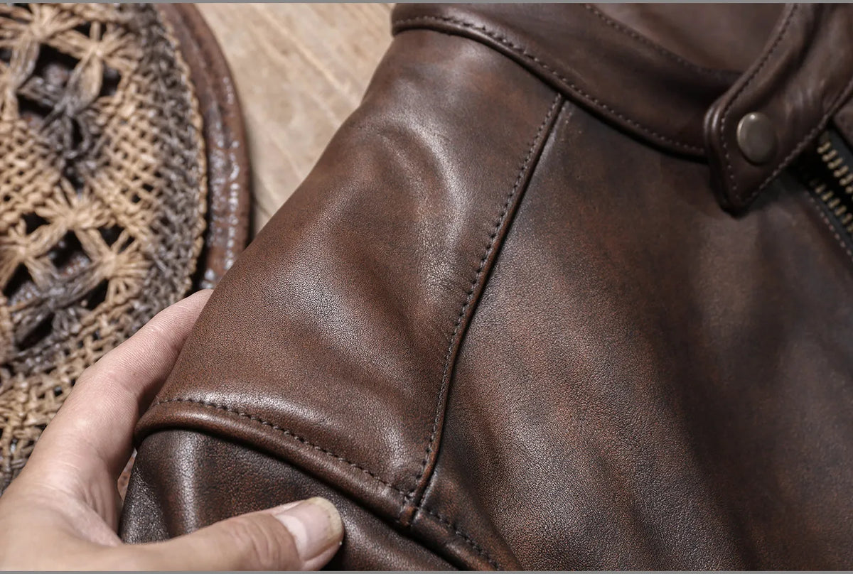 Tailor Brando Vegetable Tanned Teacore Cowhide Retro Distressed Men's Genuine Leather Biker Jacket Tailor Brando