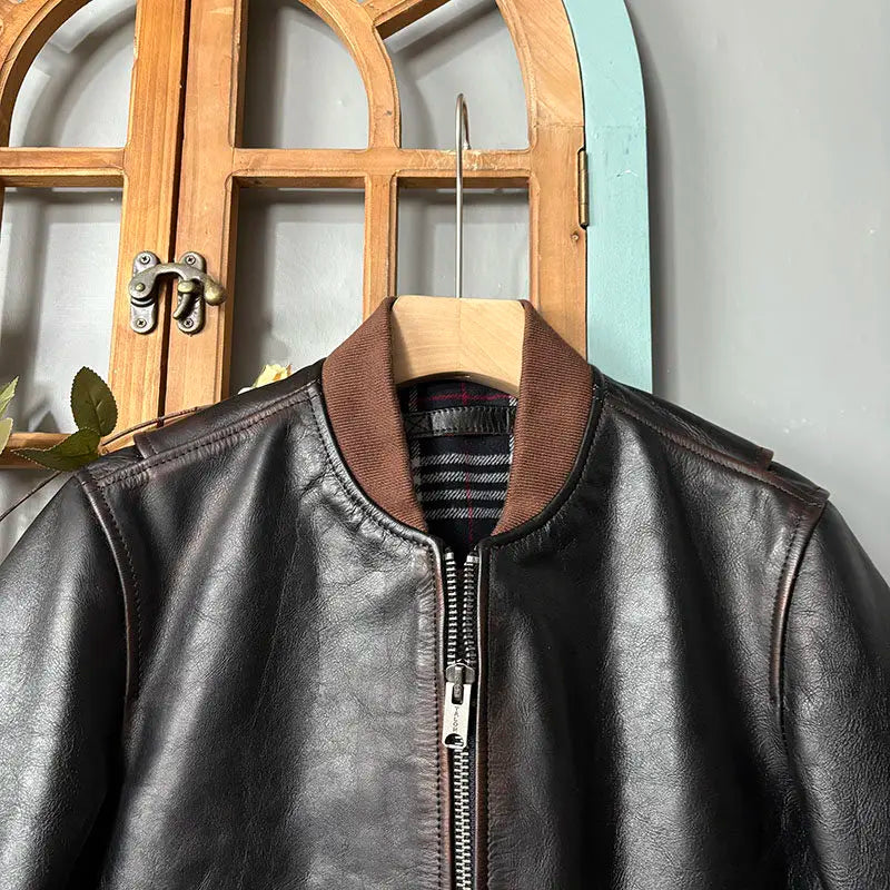 Tailor Brando Italian Vegetable-Tanned Tea-Core Cowhide Classic MA-1 Men's Vintage Genuine Leather Aviator Jacket Tailor Brando