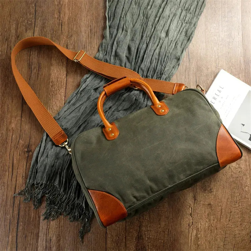 Tailor Brando Waxed Canvas & Waxed Leather Travel Bag Large Capacity 48x32x20cm Splash-Resistant Men's Vintage Tote/Shoulder Bag Tailor Brando