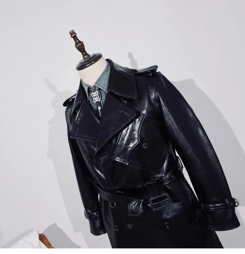 Tailor Brando Full-grain Vegetable-tanned Wax-dyed Horsehide Men's Double-breasted Genuine Leather Trench Coat Tailor Brando