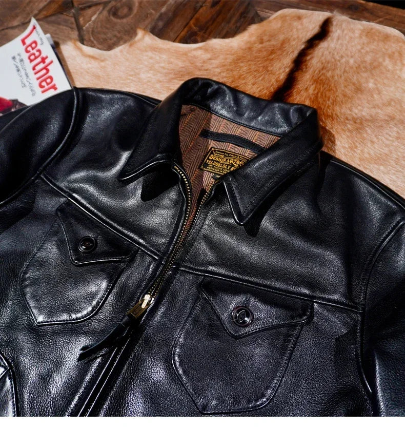 Tailor Brando Heavy Wash Aged Mendoza Full Grain Vegetable Tanned Cowhide Men's Vintage Genuine Leather Biker Jacket Tailor Brando