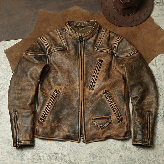 Tailor Brando American Vintage Full Grain Washed Tea Core Cowhide Venom War Standing Collar Men's Genuine Leather Biker Jacket
