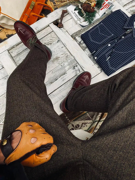 Tailor Brando British Retro Herringbone Wool Micro Tapered Trousers 9.5-point Men's Tweed Trousers Tailor Brando