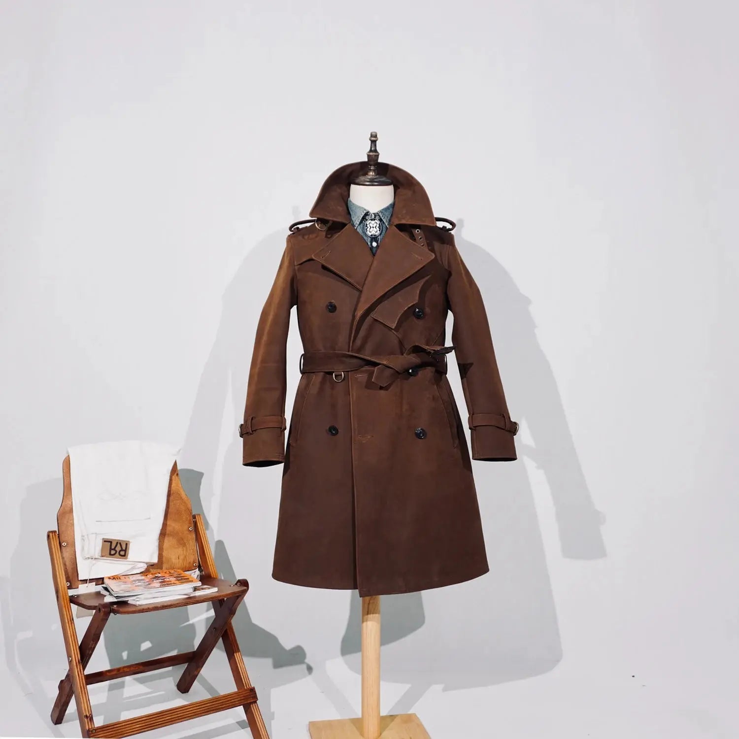Tailor Brando Full-grain Vegetable-tanned Wax-dyed Horsehide Men's Double-breasted Genuine Leather Trench Coat Tailor Brando