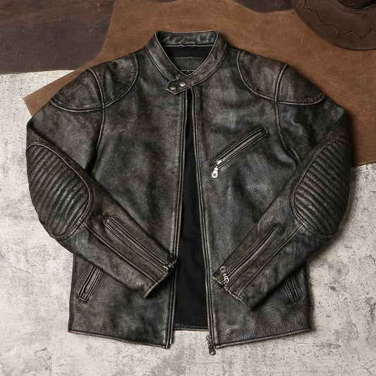 Tailor Brando Venom Stone Milled Distressed Stand Up Collar Slim Biker Men's Biker Genuine Leather Jacket