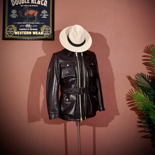 Tailor Brando Classic American Retro Double Zipper Sheepskin M65 Leather Men's Coat Soft and Comfortable Leather Safari Jacket