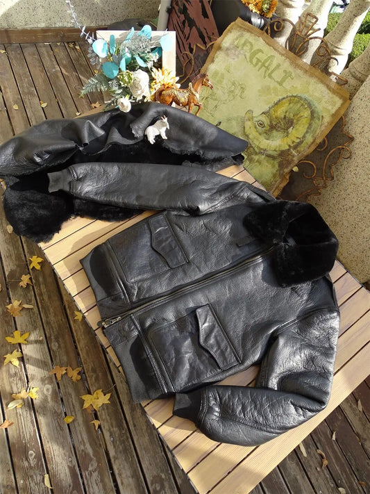 Tailor Brando Original Vegetable Tanned Sheep Shearling Classic A6 Bomber Jacket Men's Genuine Fur Warm Winter Jacket