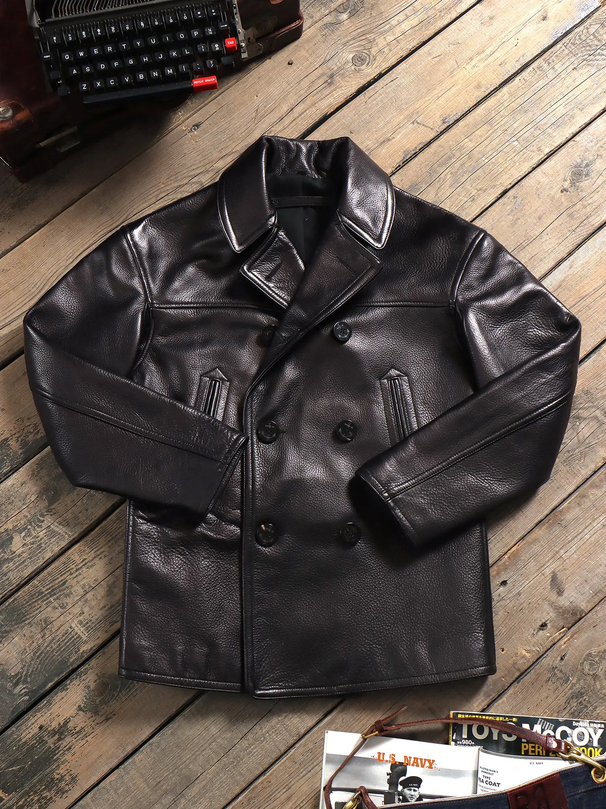 Tailor Brando Full Grain Cowhide 740 Pea Coat Retro Genuine Leather Double-breasted Jacket Tailor Brando