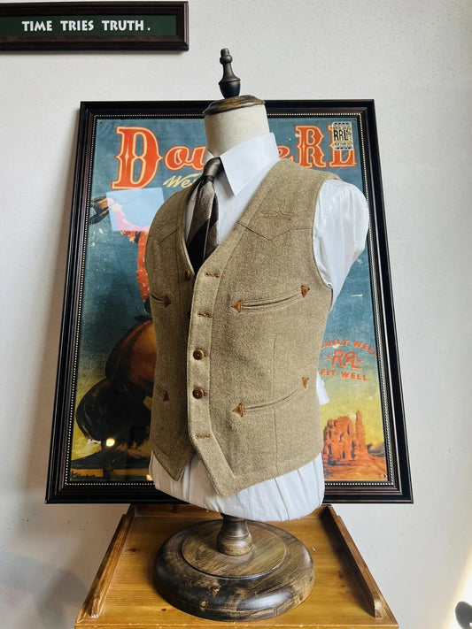 Tailor Brando American Vintage Western-Style Multi-Pocket Workwear Wool Vest 550g Heavyweight Melange Wool Slim-Fit Vest Tailor Brando