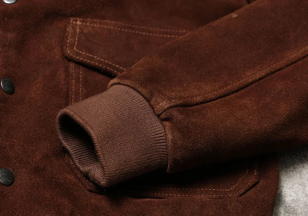 Reversed Suede Leather A1 Leather Jacket, American Retro Leather Jacket, Autumn and Winter Amikaki Men's Baseball Jacket
