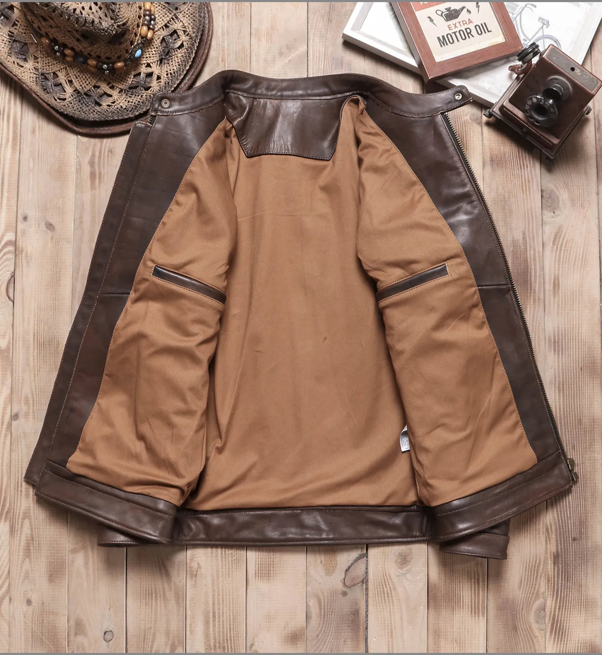 Tailor Brando Vegetable Tanned Teacore Cowhide Distressed Retro Men's Genuine Leather Biker Jacket Tailor Brando