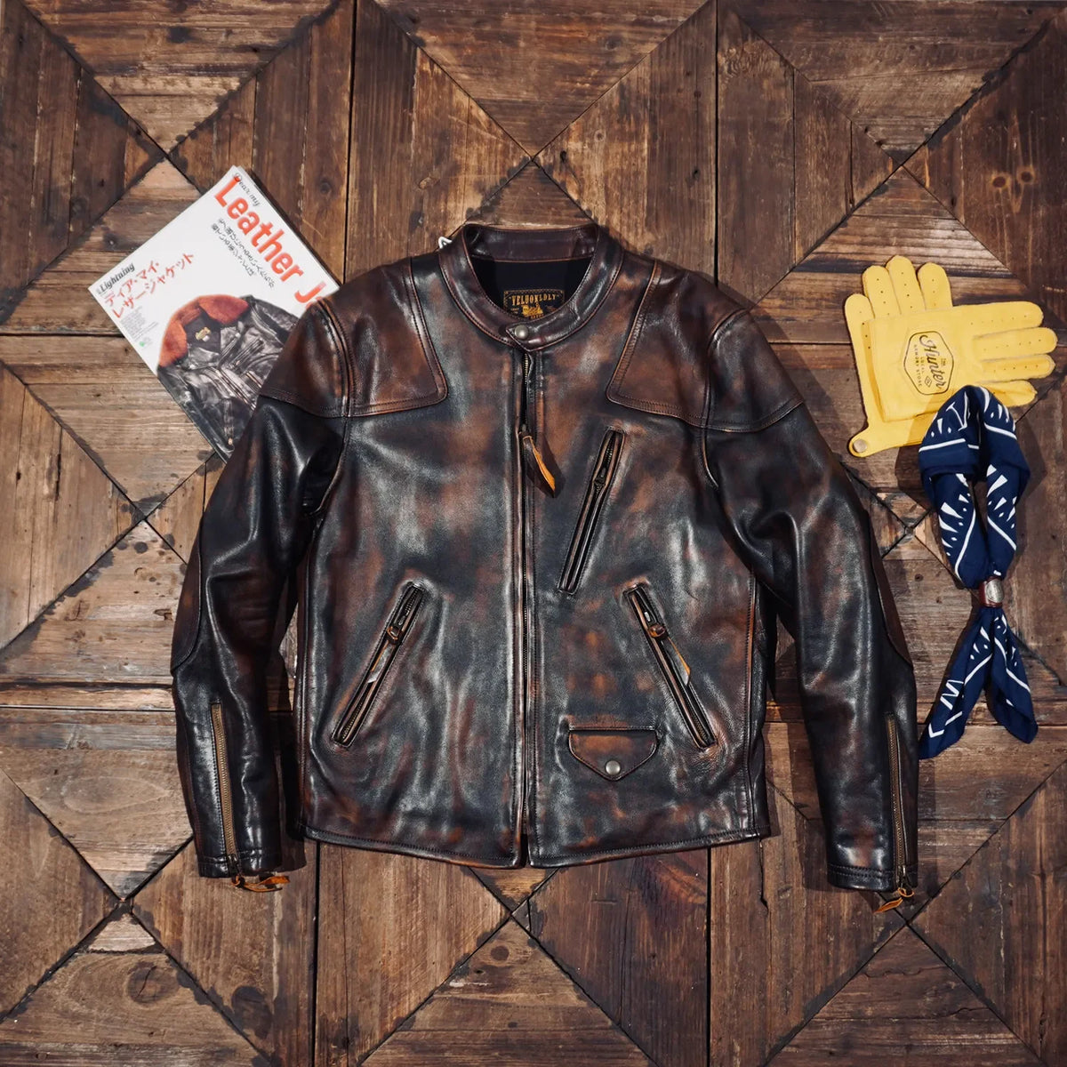 Tailor Brando Full-grain Washed Distressed Tea-core Cowhide Men's Classic Venom Retro Genuine Leather Motorcycle Jacket Tailor Brando