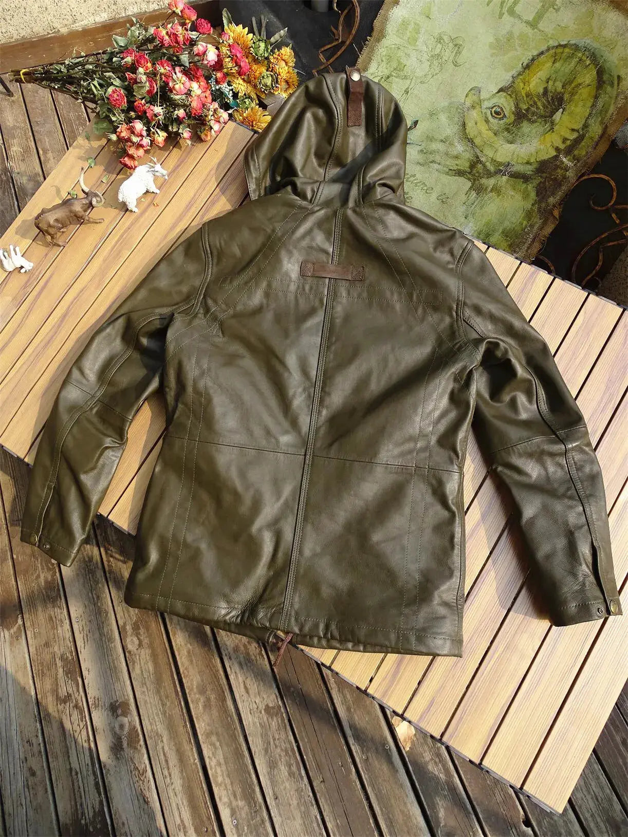 Tailor Brando Full Grain Goatskin Men's Genuine Leather Field Hooded Safari Jacket Tailor Brando