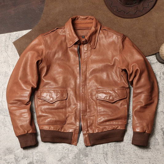 Tailor Brando American Vintage Washed Aged Goatskin Jacket Men's A2 Bomber Jacket Lapel Flight Suit Genuine Leather Jacket
