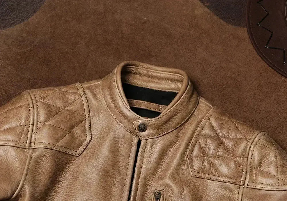 Tailor Brando Full-Grain Waxed Cowhide Men's Heavyweight Stand-Up Collar Retro Genuine Leather Motorcycle Jacket Tailor Brando
