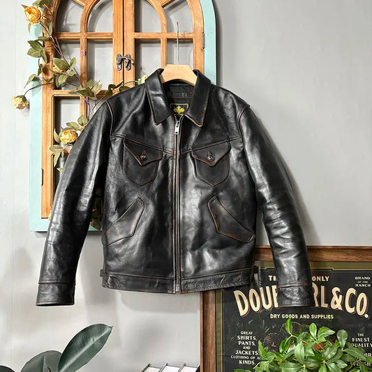 Tailor Brando Vegetable Tanned Tea Core Leather Classic Mendoza Horsehide Men's Vintage Genuine Leather Biker Jacket Tailor Brando