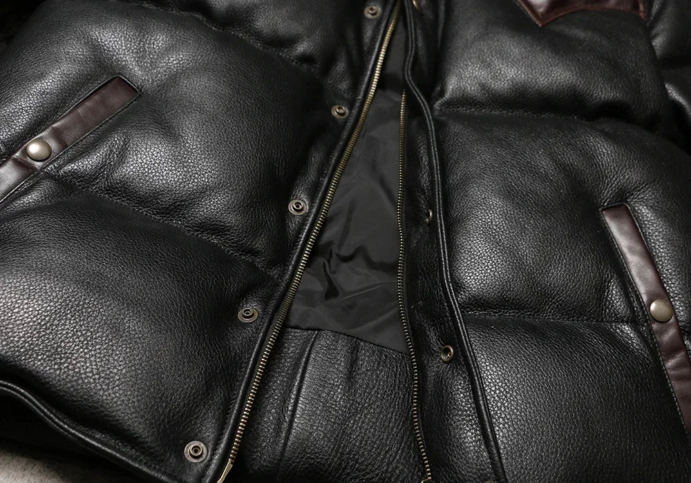 Top Layer Cowhide and Duck Down Warm Jacket for Men's Retro Leather Jacket, Winter Super Thick Genuine Leather Down Bread Jacket