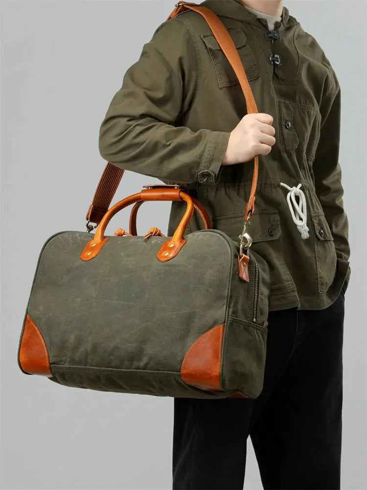 Tailor Brando Waxed Canvas & Waxed Leather Travel Bag Large Capacity 48x32x20cm Splash-Resistant Men's Vintage Tote/Shoulder Bag Tailor Brando