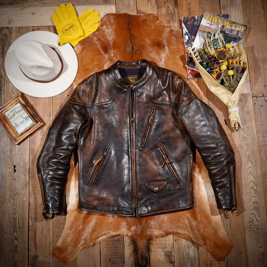 Tailor Brando American Vintage Mendoza Handmade Old Tea Core Cowhide Lapel Men's Slim Biker Jacket Tailor Brando