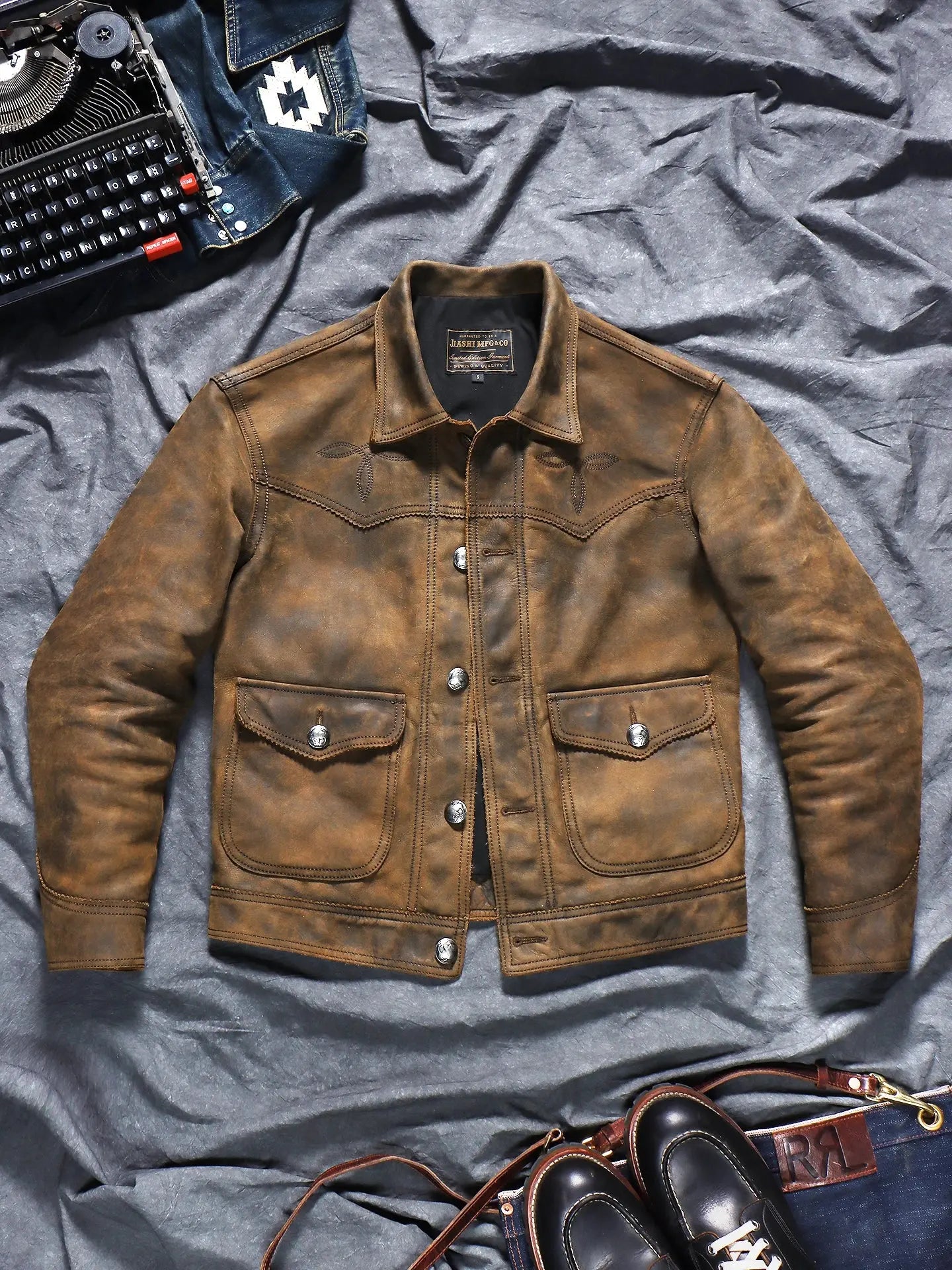Tailor Brando Italian Uncoated Water-Based Distressed Cowhide Men's R*L Farmer's Genuine Leather Jacket Tailor Brando
