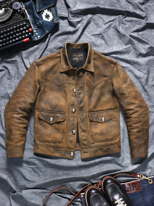 Tailor Brando Italian Uncoated Water-Based Distressed Cowhide Men's R*L Farmer's Genuine Leather Jacket Tailor Brando