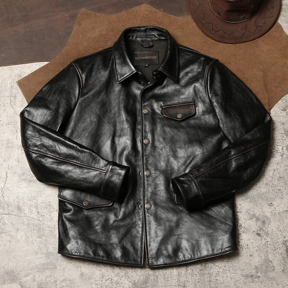 Tailor Brando American Vintage Switchman Men's Lapel Handaged Tea Core Cowhide Genuine Leather Work Jacket
