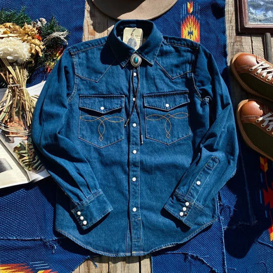 Tailor Brando American Retro Heavyweight Long Sleeve Shirt Classic Pocket Flower Jewel Button Western Denim Men's Slim Fit Shirt